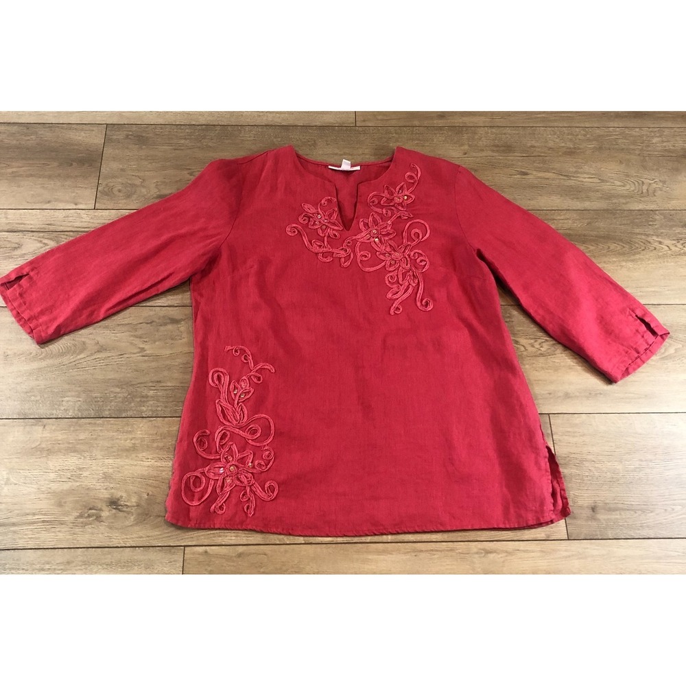 JM Collection Coral Pink 3/4 Sleeve 100% Linen Tunic Top Embroidered Sequin Sz16